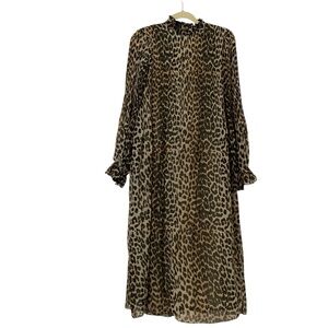 NWT Ganni Women’s Size 34 Leopard Print Long Sleeve Modest Crepw Midi Dress